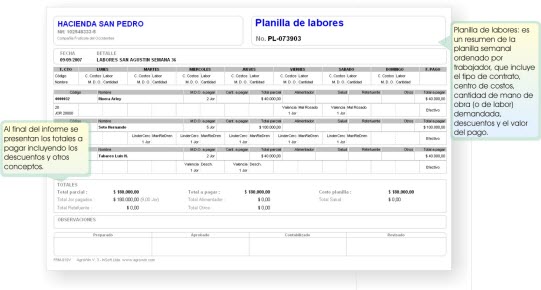 planilla de labores impresa
