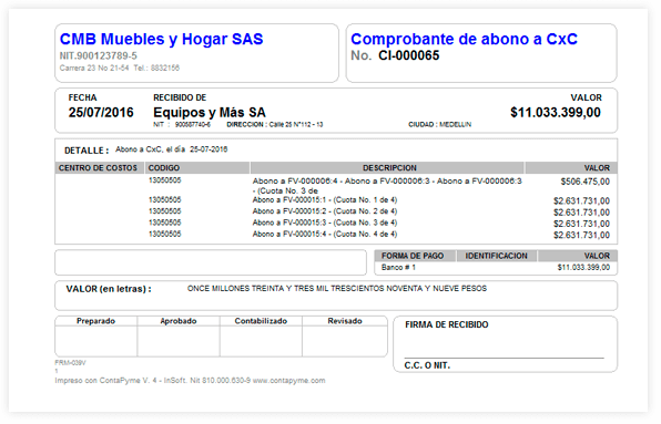 Comprobante abono CxC generado en el programa contable ContaPyme