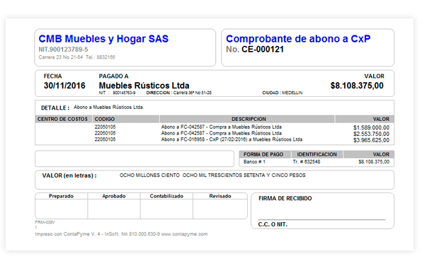 Comprobante abono CxP generado en el programa contable ContaPyme