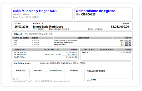 Comprobante de egreso generado en el programa contable ContaPyme