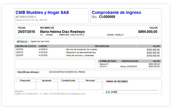 Comprobante de ingreso generado en el programa contable ContaPyme