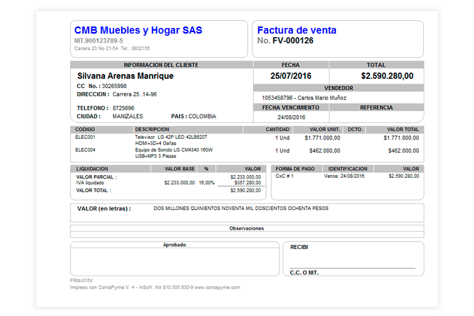 Factura venta generado en el programa contable ContaPyme