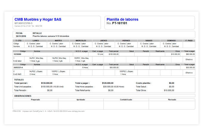 Planilla labores generado en el programa contable ContaPyme