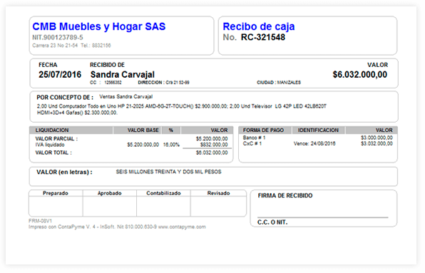 Recibo caja generado en el programa contable ContaPyme