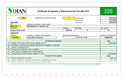 Certificado de ingresos y retenciones generado en el programa contable ContaPyme