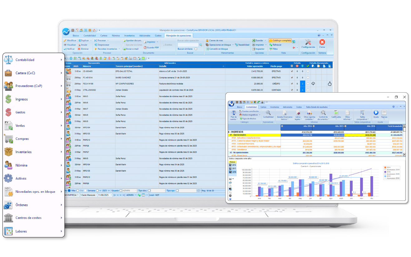 Interfaz del software ContaPyme mostrando funcionalidades de facturación inteligente y gestión empresarial
